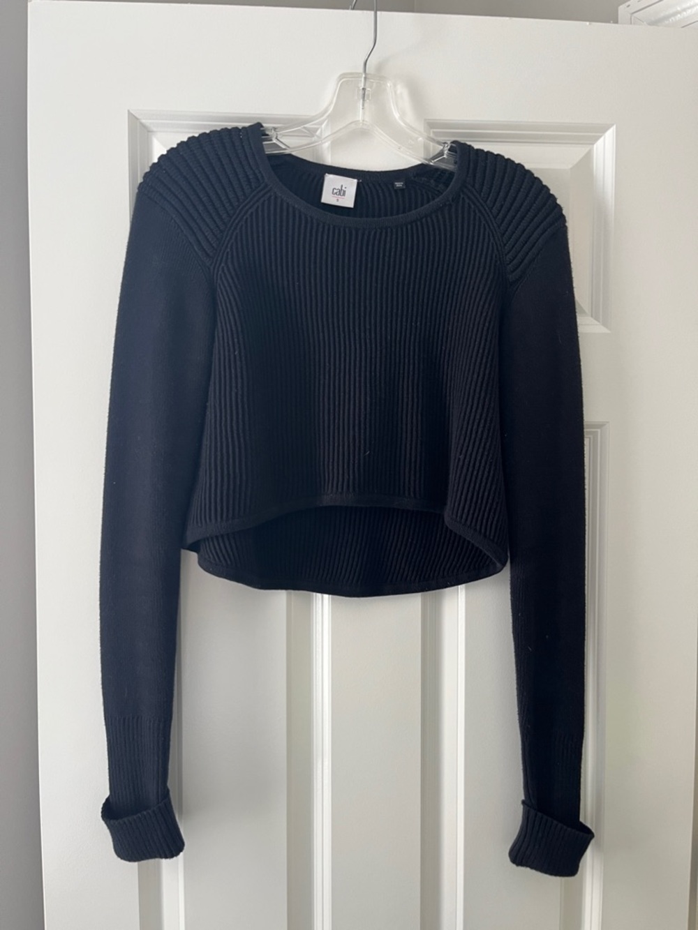 CAbi Black Ribbed High-Low Cropped Sweater